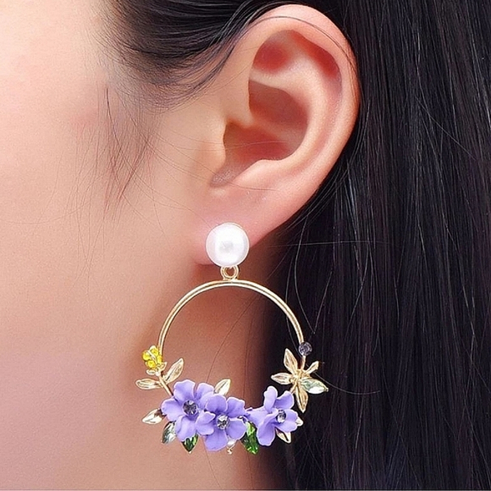 Gold Hoop statement purple Flower 3D boho earrings Wedding guest garden Party 💖